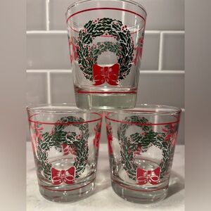 3 Libbey Christmas Wreath and Bells Bar Glasses Double Old Fashioned VTG